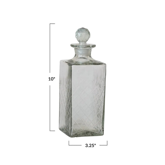 decanter - etched recycled glass - diamond stopper by creative co-op