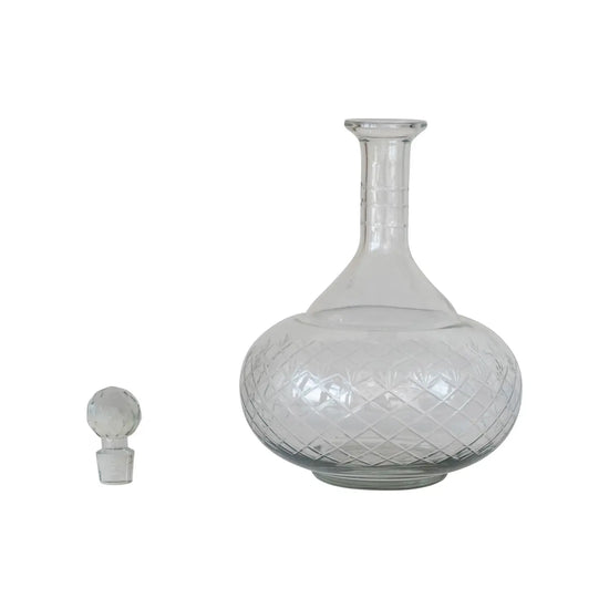 round decanter - etched recycled glass - diamond stopper by creative co-op