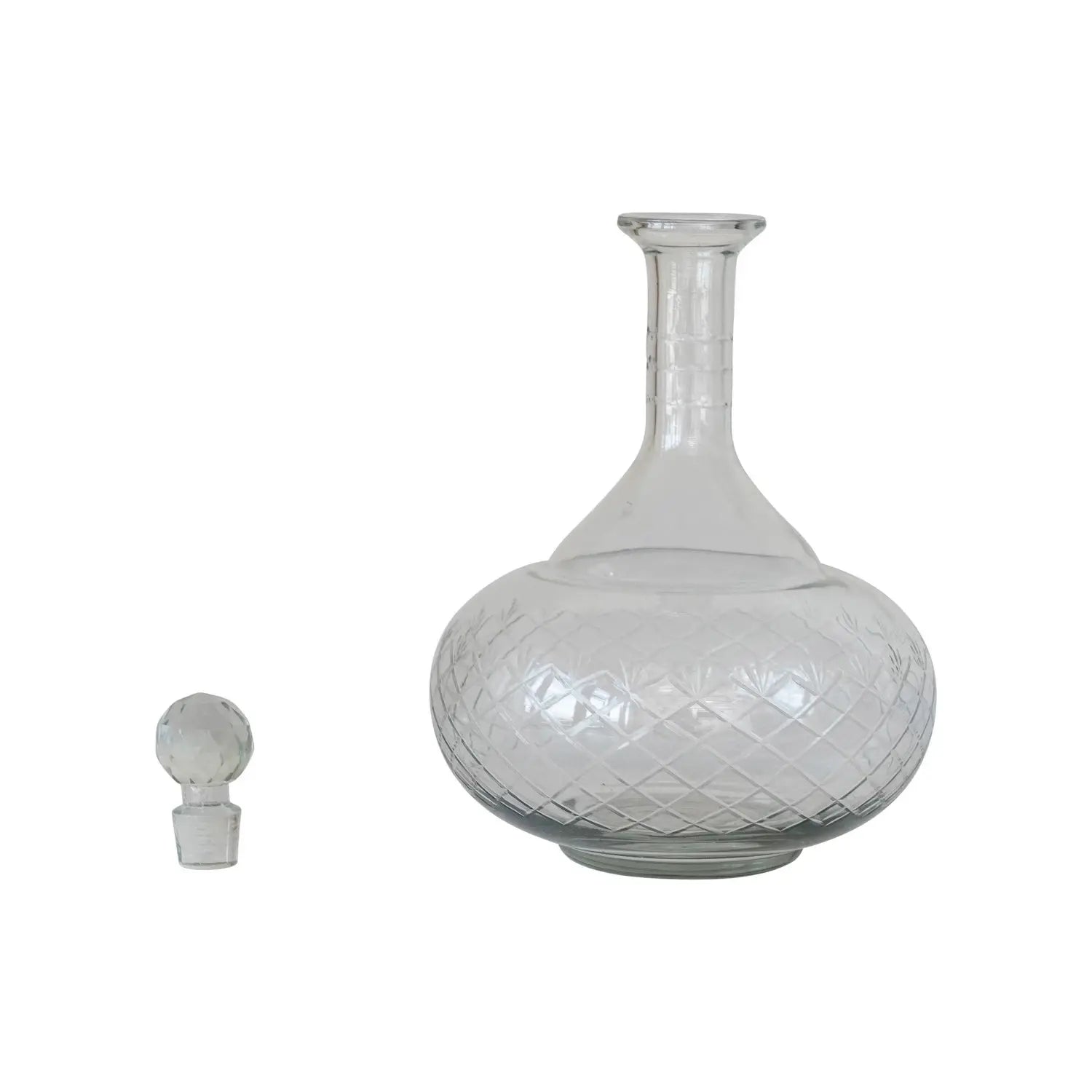 round decanter - etched recycled glass - diamond stopper by creative co-op