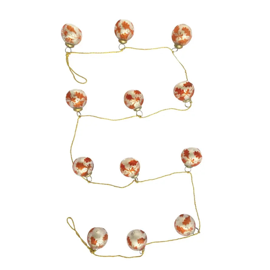 garland - recycled glass ornament - silver + coral - etched leaf - gold cord by creative co-op