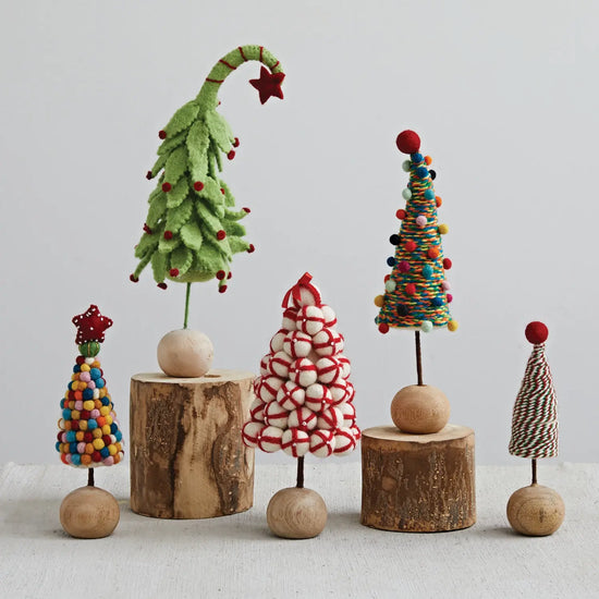 felt pom pom tree - beaded star - wood ball base by creative co-op