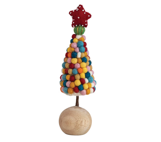 felt pom pom tree - beaded star - wood ball base by creative co-op