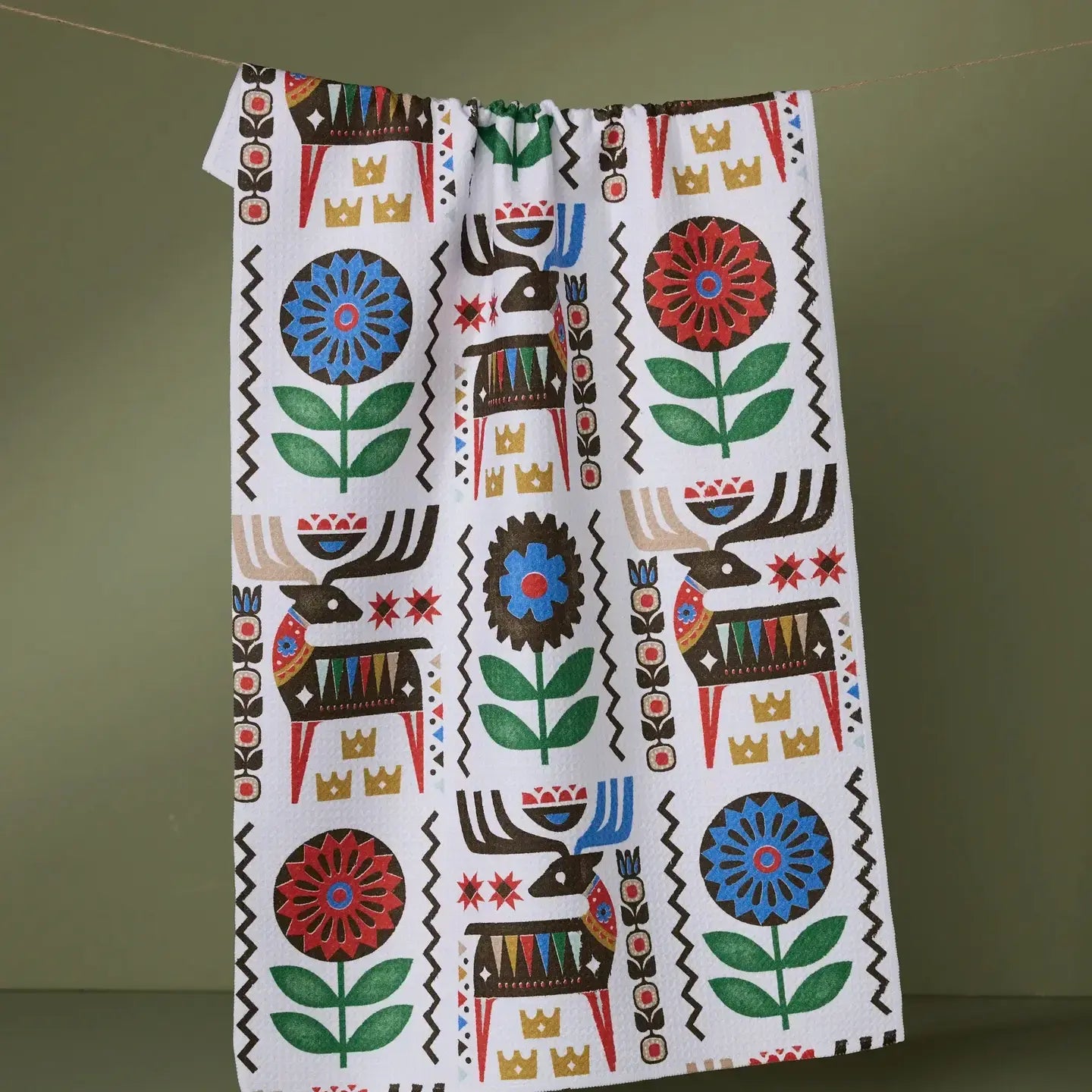tea towel - microfiber holiday - folk deer by geometry house