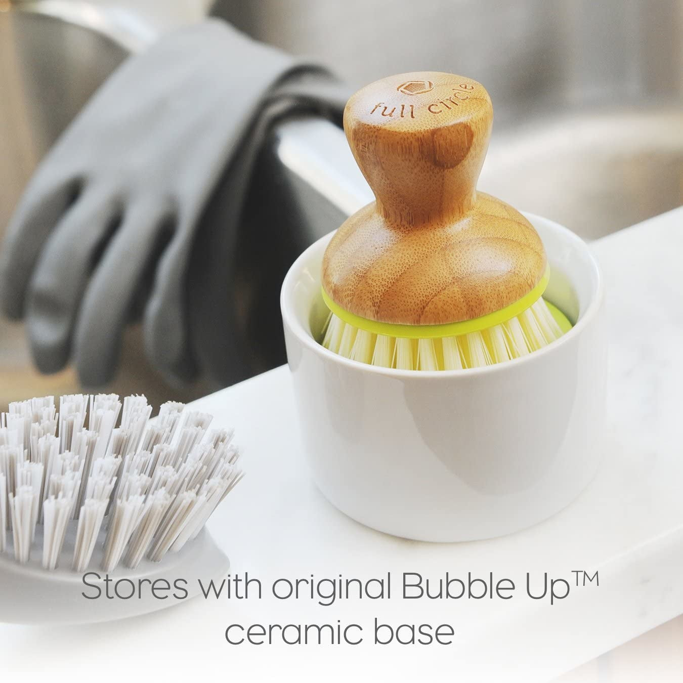ceramic dish + brush - white/green by full circle home