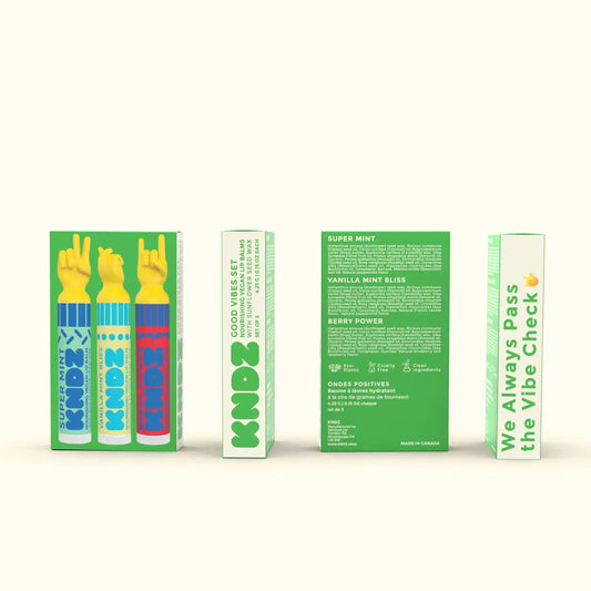 lip balm set - good vibes - super mint + vanilla mint bliss + berry power by kndz