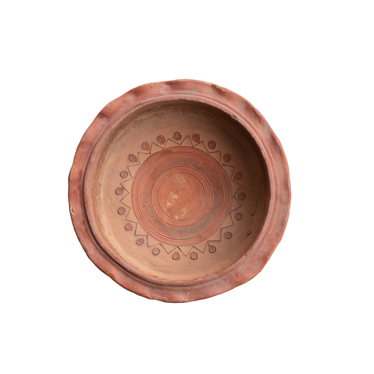 terracotta low bowl - ruffled & footed - embossed flowers by creative co-op