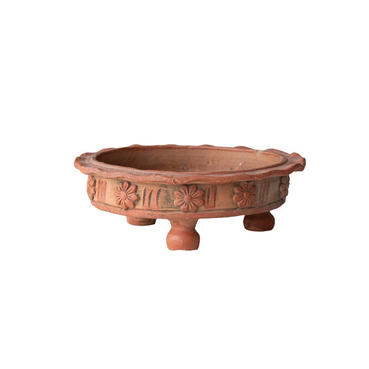 terracotta low bowl - ruffled & footed - embossed flowers by creative co-op