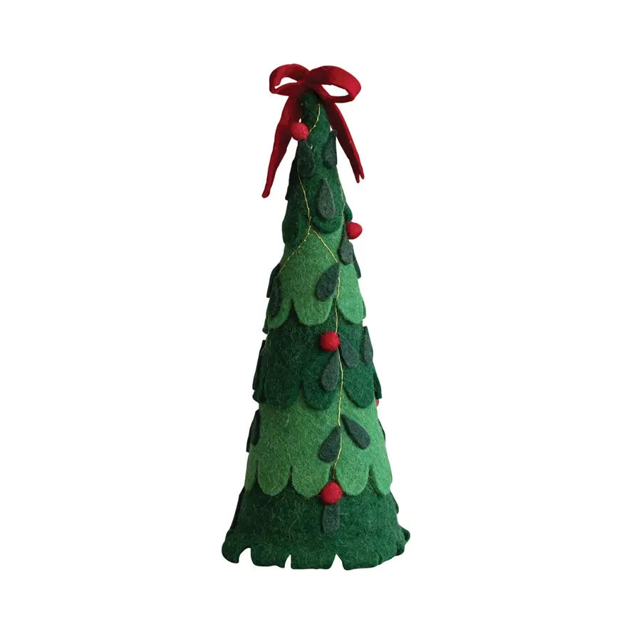 tree - felt wool - red bow + poms by creative co-op