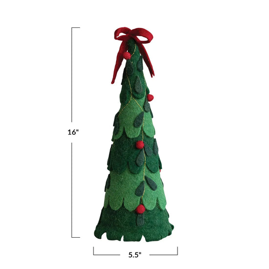 tree - felt wool - red bow + poms by creative co-op
