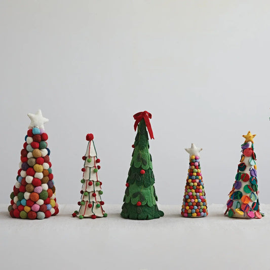 tree - felt wool - red bow + poms by creative co-op