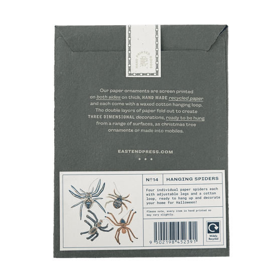 ornaments - recycled cotton paper - spiders by east end press