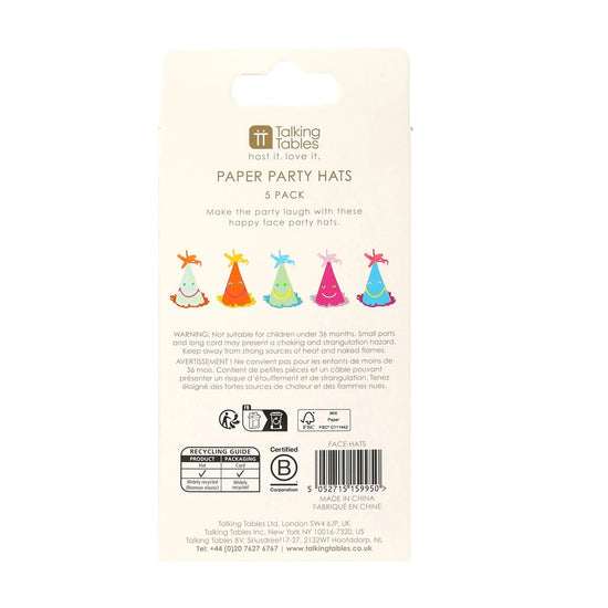 party hats - happy face paper - 5 pack by talking tables, usa