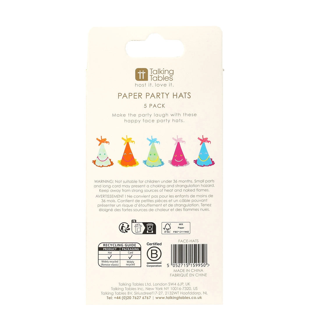 party hats - happy face paper - 5 pack by talking tables, usa