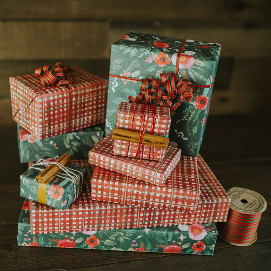 wrapping paper - 2-sided eco - homespun plaid/winter floral by wrappily eco gift wrap co.