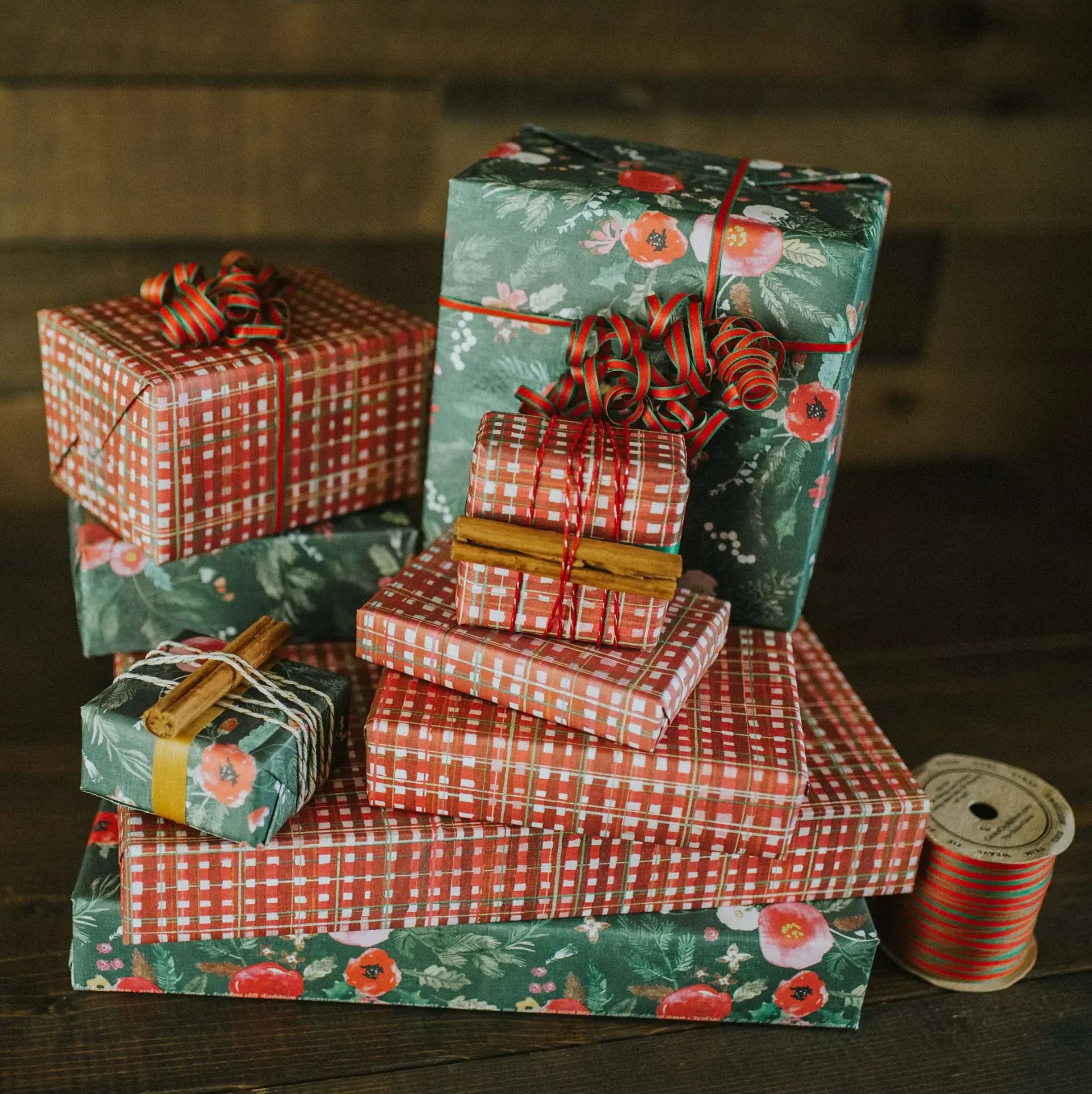 wrapping paper - 2-sided eco - homespun plaid/winter floral by wrappily eco gift wrap co.