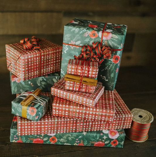 wrapping paper - 2-sided eco - homespun plaid/winter floral by wrappily eco gift wrap co.