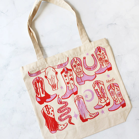tote bag/zipper closure - howdy cowgirl - pink/red by calhoun & co.