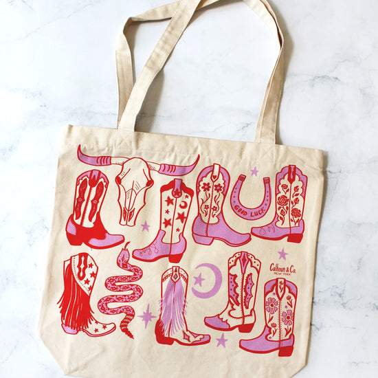 tote bag/zipper closure - howdy cowgirl - pink/red by calhoun & co.