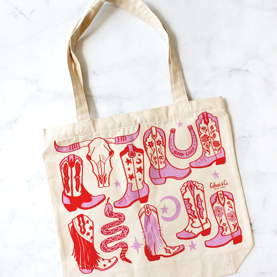 tote bag/zipper closure - howdy cowgirl - pink/red by calhoun & co.
