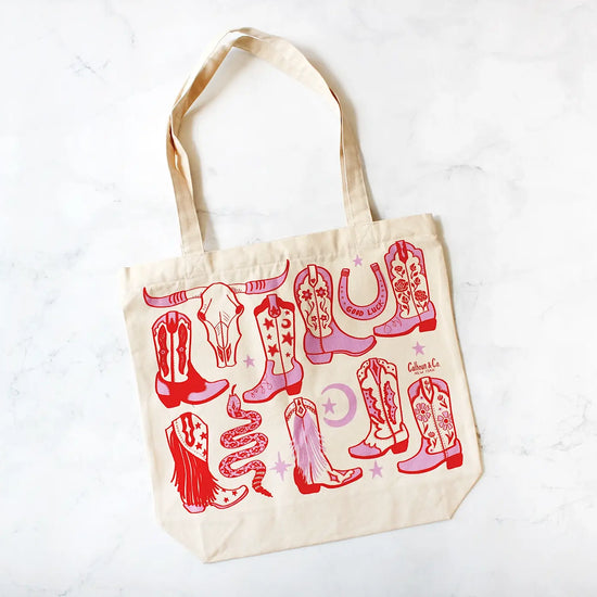 tote bag/zipper closure - howdy cowgirl - pink/red by calhoun & co.