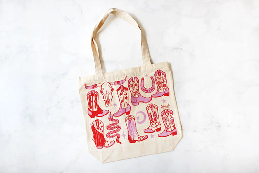 tote bag/zipper closure - howdy cowgirl - pink/red by calhoun & co.