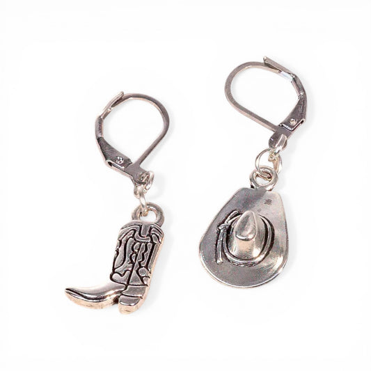 earrings hoops - cowboy boot & hat - antique silver plated by peter and june