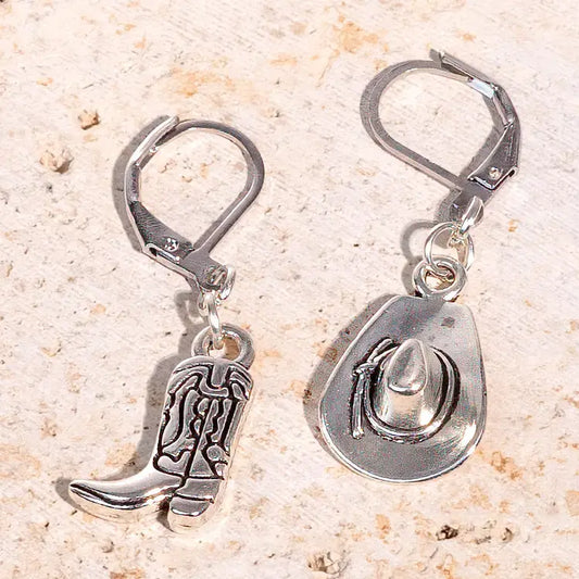 earrings hoops - cowboy boot & hat - antique silver plated by peter and june