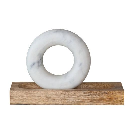 moral & pestle set - mango wood - marble ring-shaped by creative co-op
