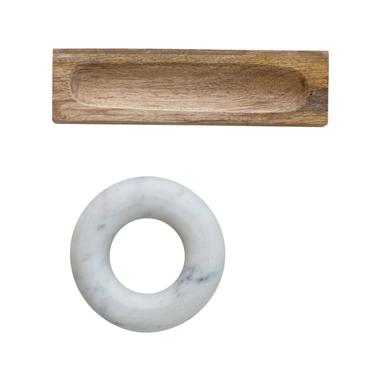 moral & pestle set - mango wood - marble ring-shaped by creative co-op