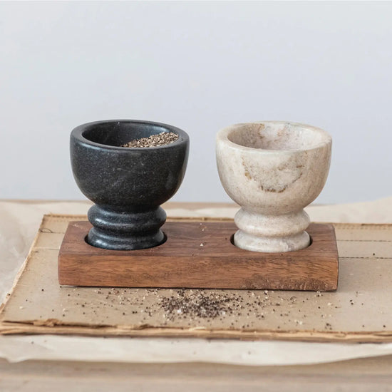 salt & pepper cellar set - marble + mango wood tray by creative co-op