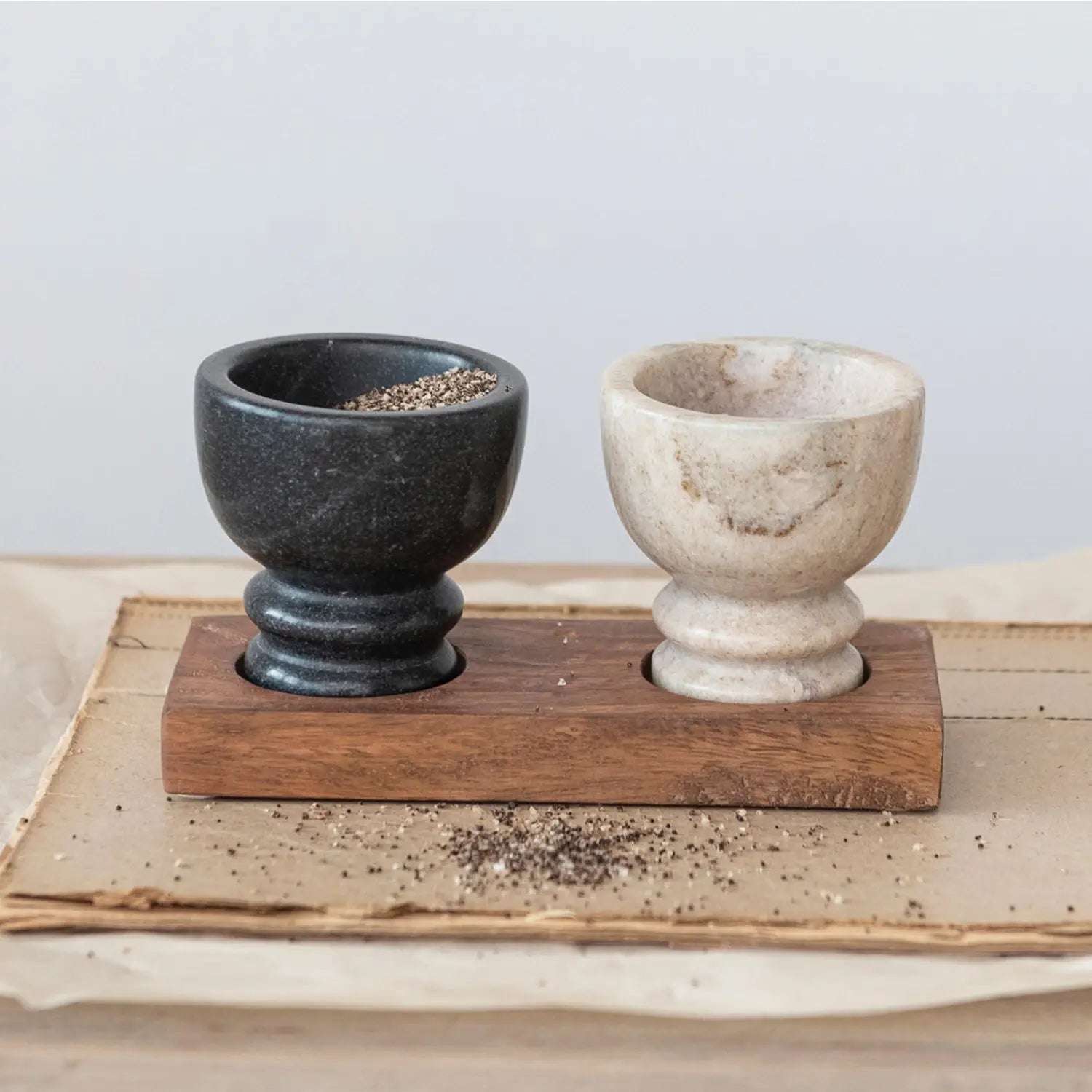 salt & pepper cellar set - marble + mango wood tray by creative co-op