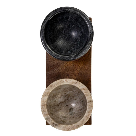 salt & pepper cellar set - marble + mango wood tray by creative co-op