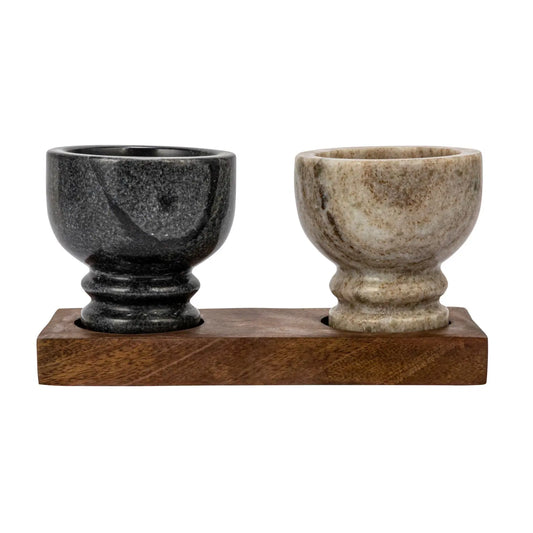 salt & pepper cellar set - marble + mango wood tray by creative co-op