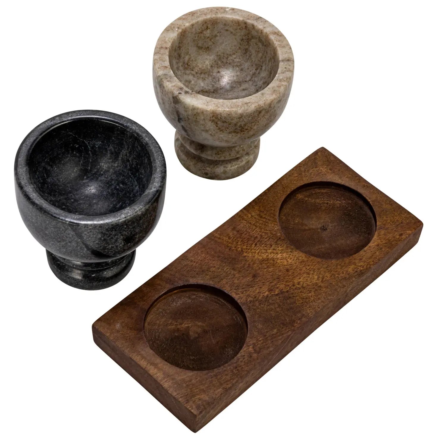 salt & pepper cellar set - marble + mango wood tray by creative co-op