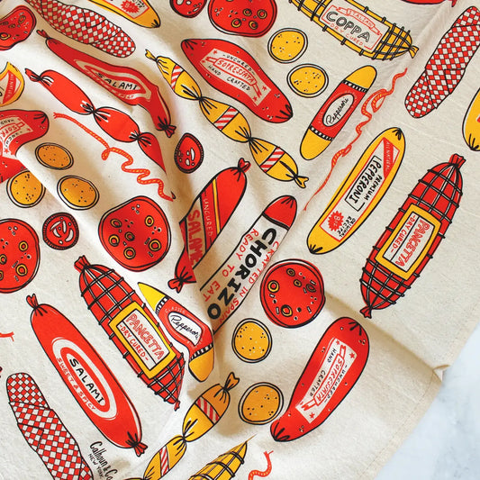 tea towel - screen printed - meat shop - red/yellow/brown by calhoun & co.