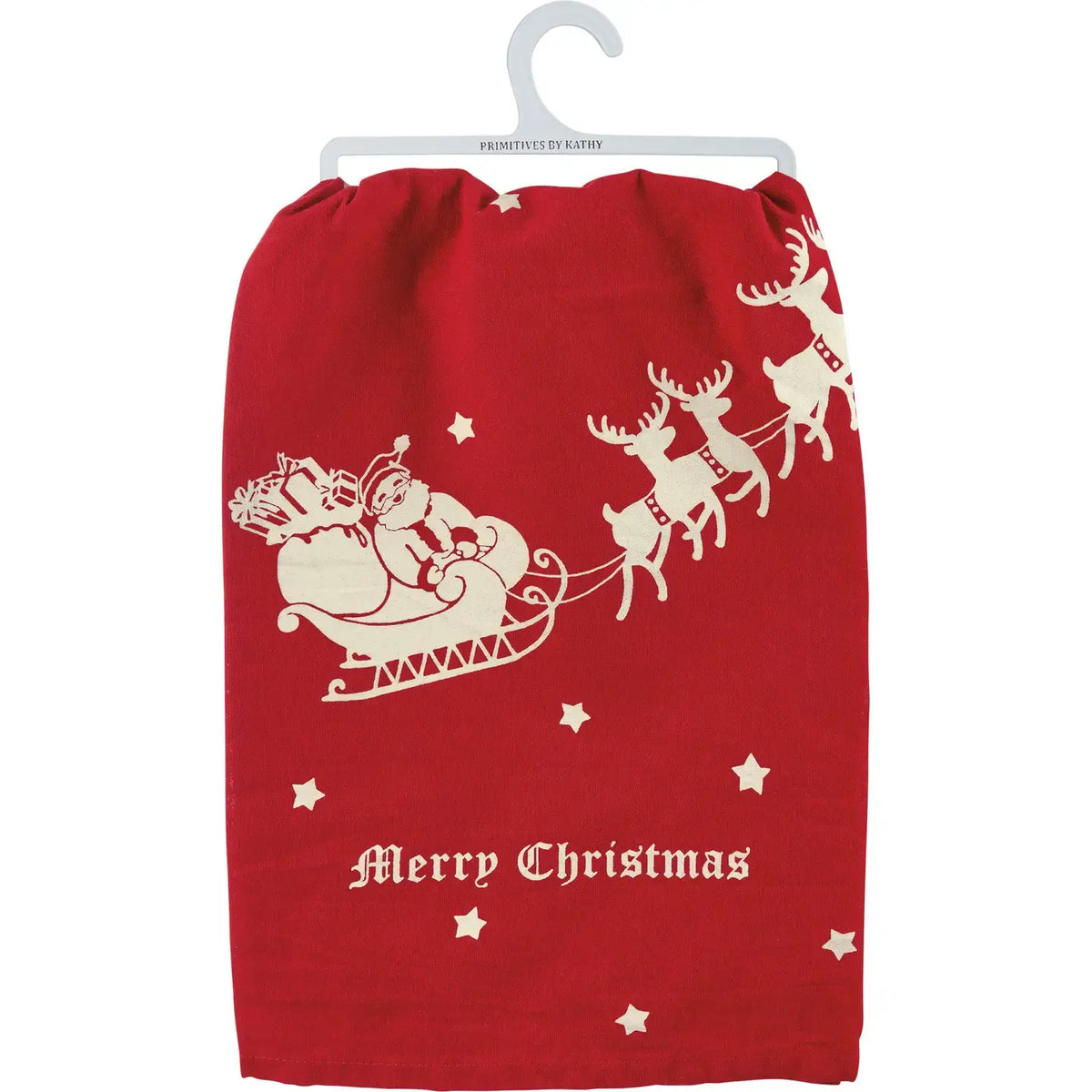tea towel - vintage red santa + sleigh - merry christmas by primitives by kathy