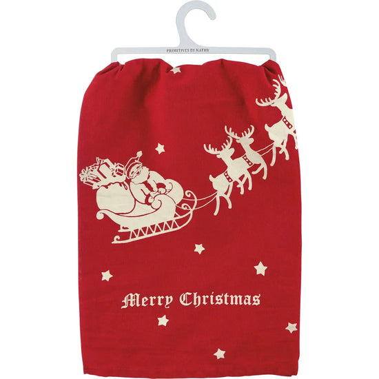 tea towel - vintage red santa + sleigh - merry christmas by primitives by kathy