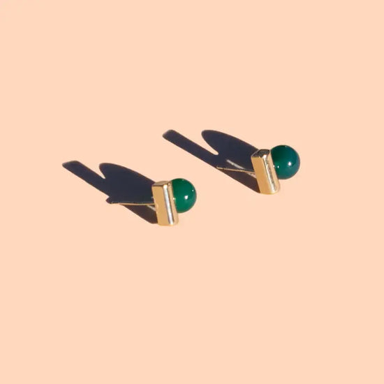 earrings - "morse code" studs - green onyx - 18k gold plated by peter and june