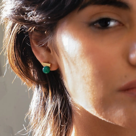 earrings - "morse code" studs - green onyx - 18k gold plated by peter and june
