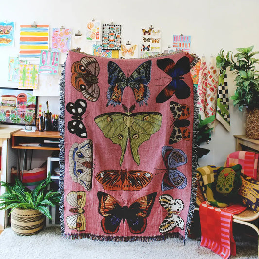 blanket - recycled cotton/acrylic - moth still life - pink by calhoun & co.