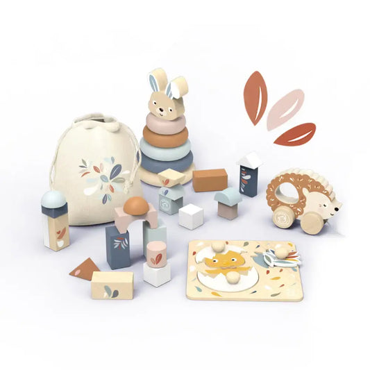 toy box - buildings blocks + stacking rabbit + chick puzzle + pull-along hedgehog by speedy monkey