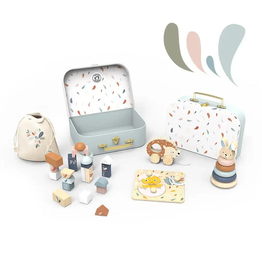 toy box - buildings blocks + stacking rabbit + chick puzzle + pull-along hedgehog by speedy monkey