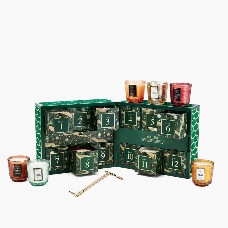 candle gift set - petite pedestal candle - 12 day advent calendar by voluspa