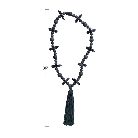 garland - oak wood beads + cotton tassel - black by creative co-op