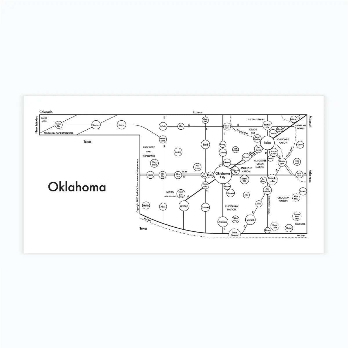 art print - letterpress - 6" x 12" - oklahoma map by archie's press