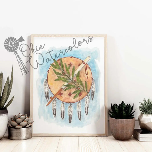 art print - oklahoma state flag - osage shield by okie watercolors