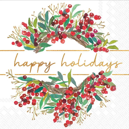 napkins - holiday cocktail - happy holidays wreath by boston international