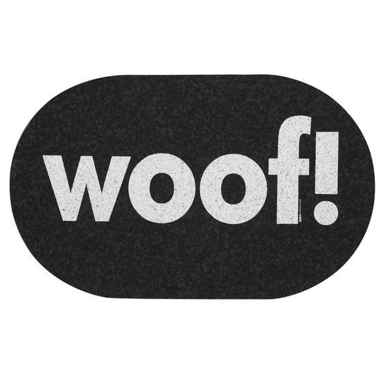 petmat - recycled - jumbo oval "woof!" by speckle & spot by oré originals