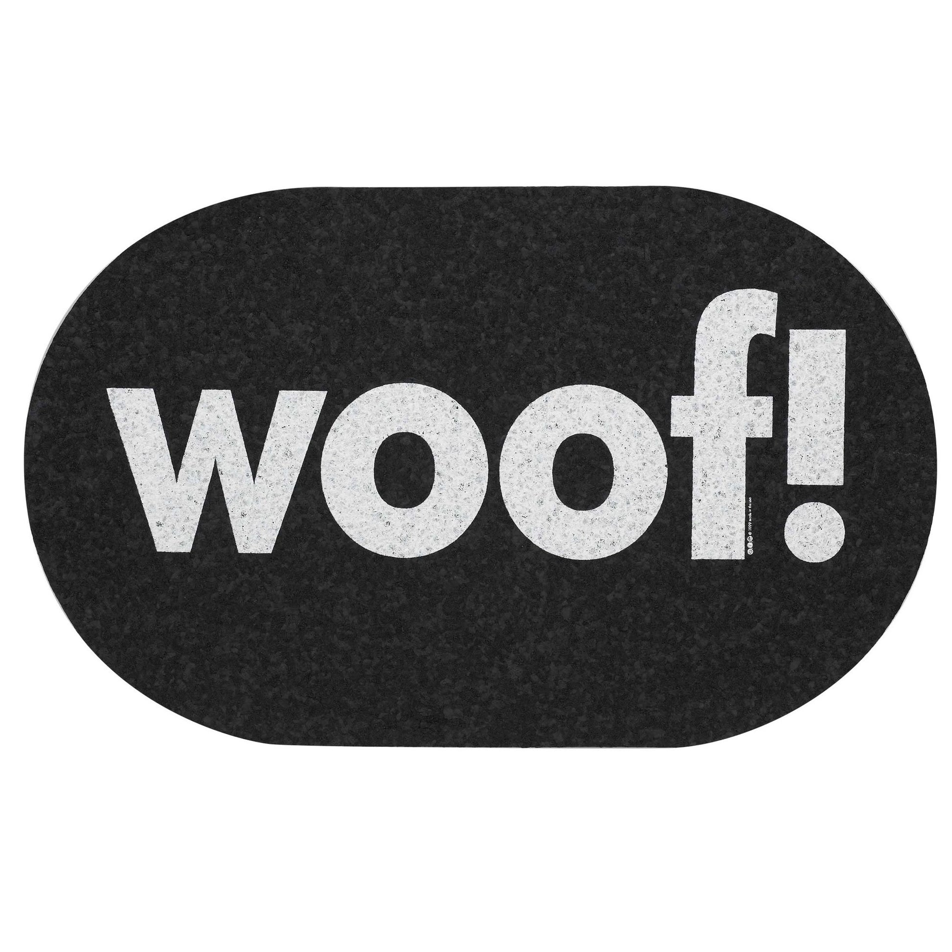 petmat - recycled - jumbo oval "woof!" by speckle & spot by oré originals