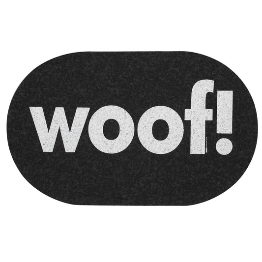 petmat - recycled - jumbo oval "woof!" by speckle & spot by oré originals